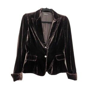 Tahari Brown Velvet Jacket Blazer Preppy Two Button Rayon Silk Small